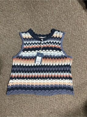 Universal Thread Striped Crochet Tank in Navy, Cream & Peach